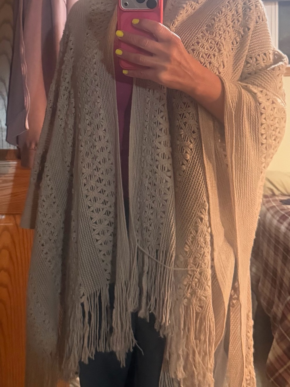 Maurices Cream Fringed Open-Front Knit Poncho